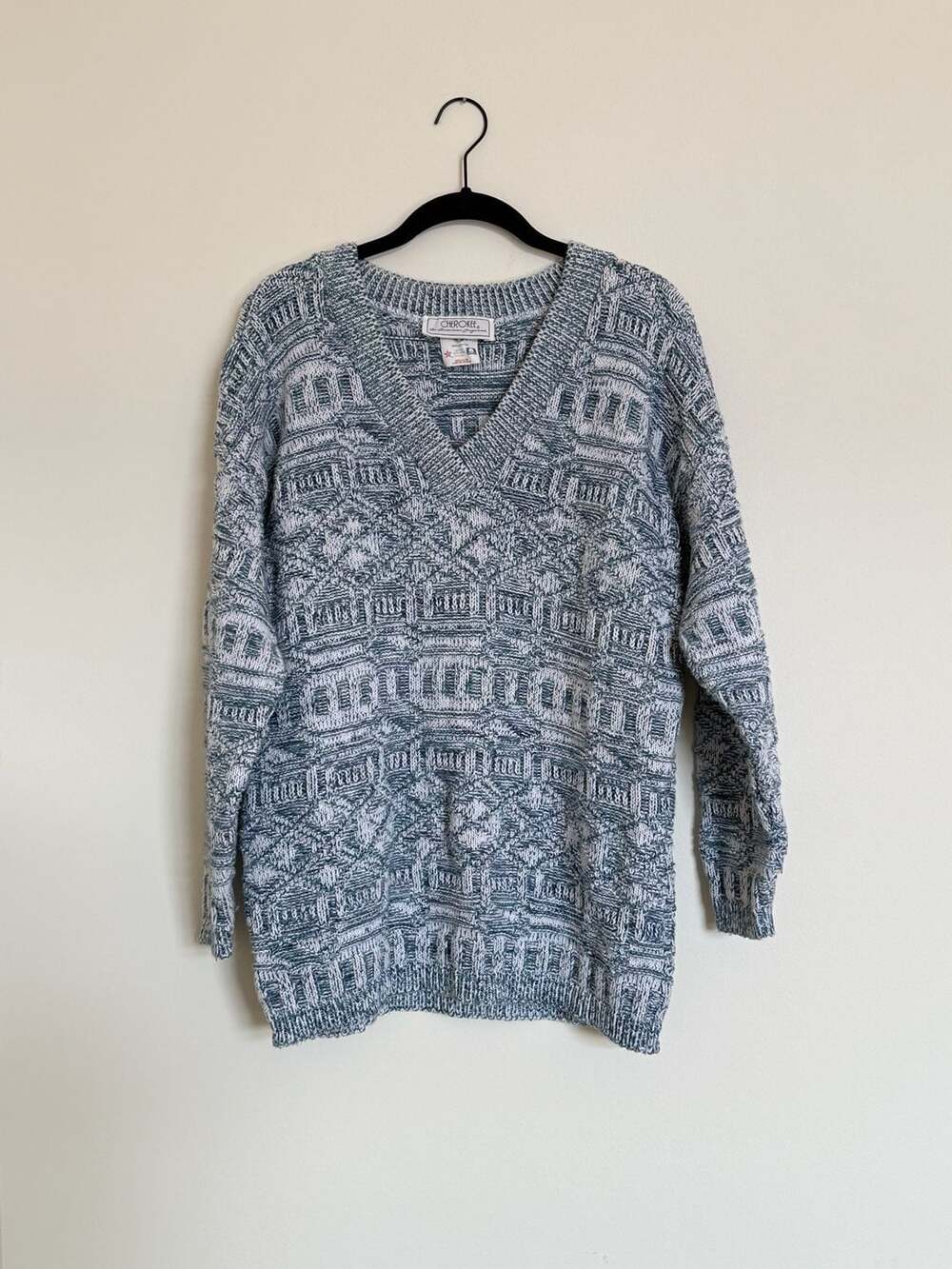 Vintage Cherokee Knit Sweater Geometric Pattern blue white cotton sz M
